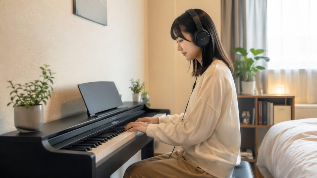 集合住宅の自宅でヘッドホンを使い電子ピアノを練習する日本人女性