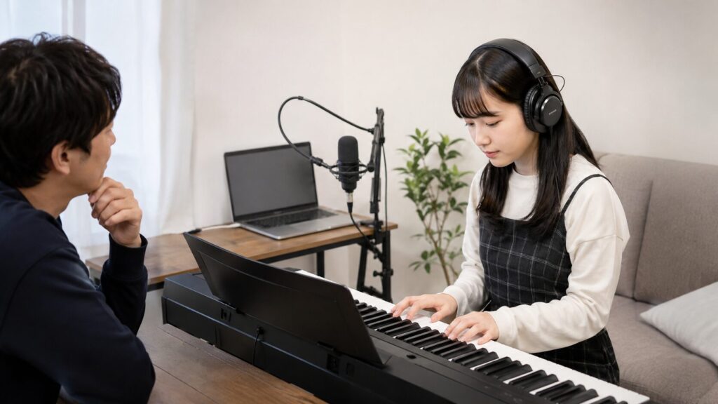 モニターヘッドホンで電子ピアノを演奏する日本人女性と録音機材