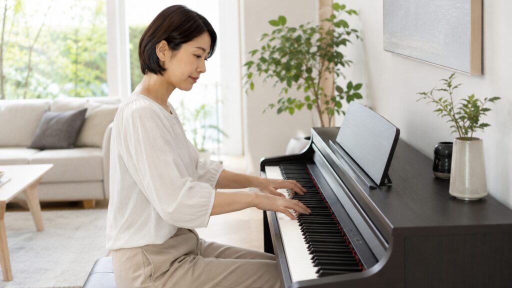 自宅でグランドピアノに近いタッチの電子ピアノを演奏する日本人女性