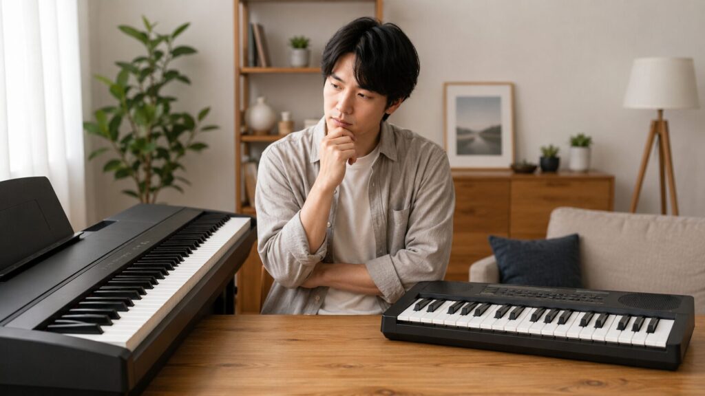 88鍵盤の電子ピアノと61鍵盤キーボードを比較する日本人男性のイメージ