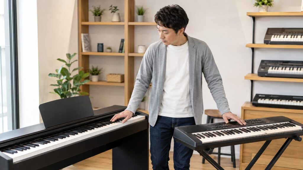 40代の日本人男性が電子ピアノとキーボードを比較して選ぶ様子
