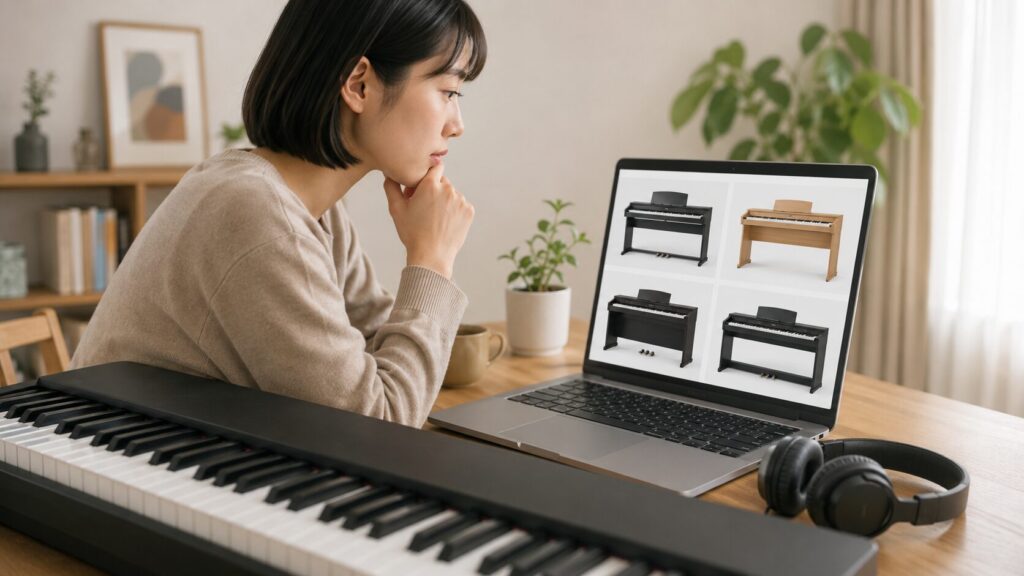 自宅で電子ピアノとヘッドホンを用意し購入候補を比較する日本人女性