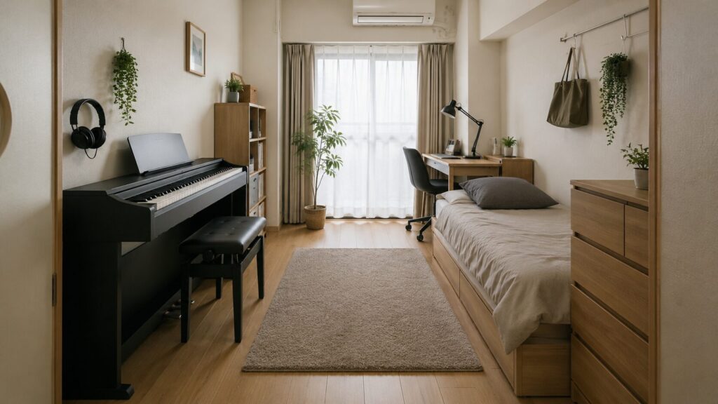 6畳ワンルームに電子ピアノとベッドを配置した一人暮らしの部屋