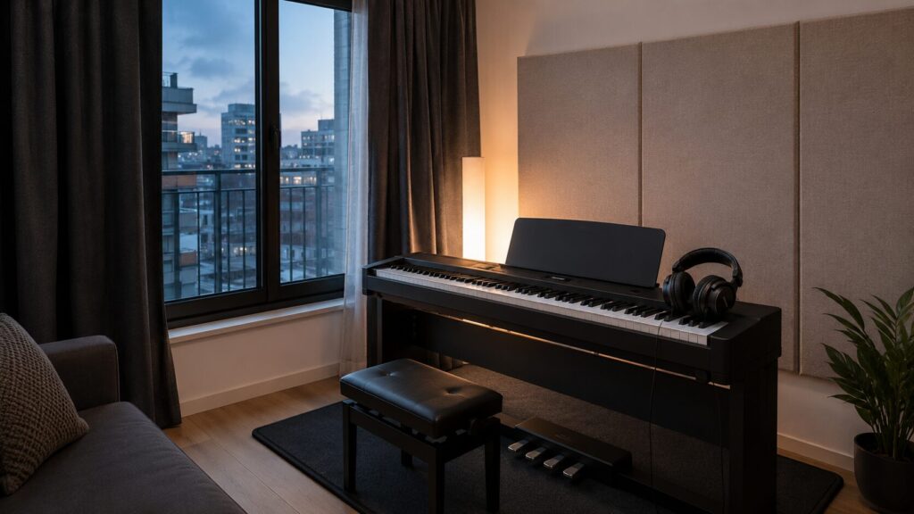 電子ピアノに防振マットと吸音パネルを設置したマンションの防音対策