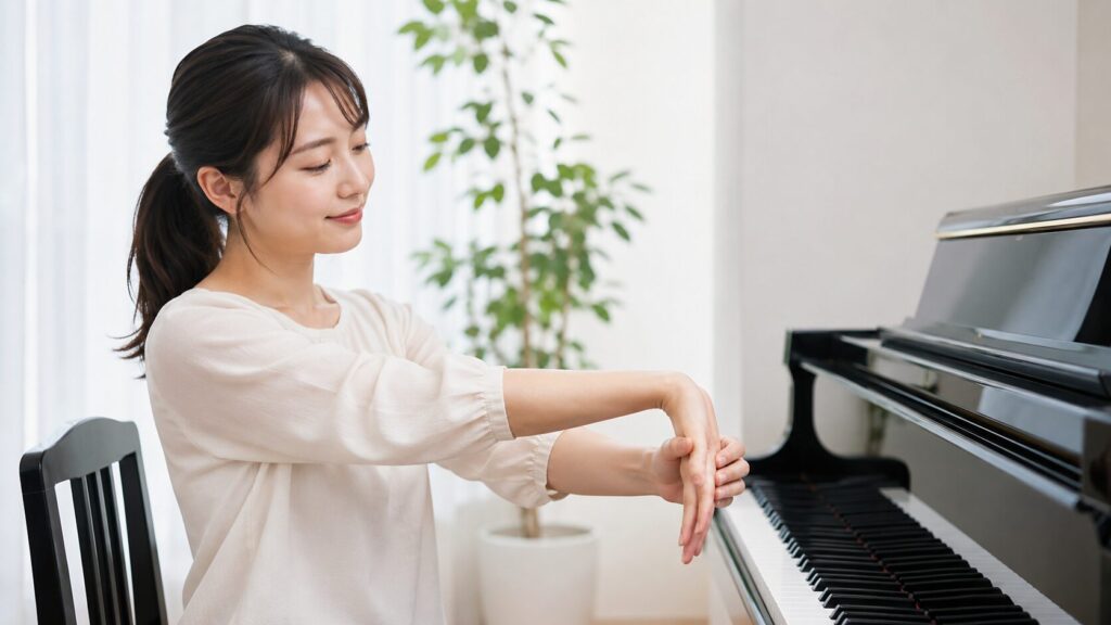ピアノ練習前に手首をやさしく伸ばして負担を減らす日本人女性