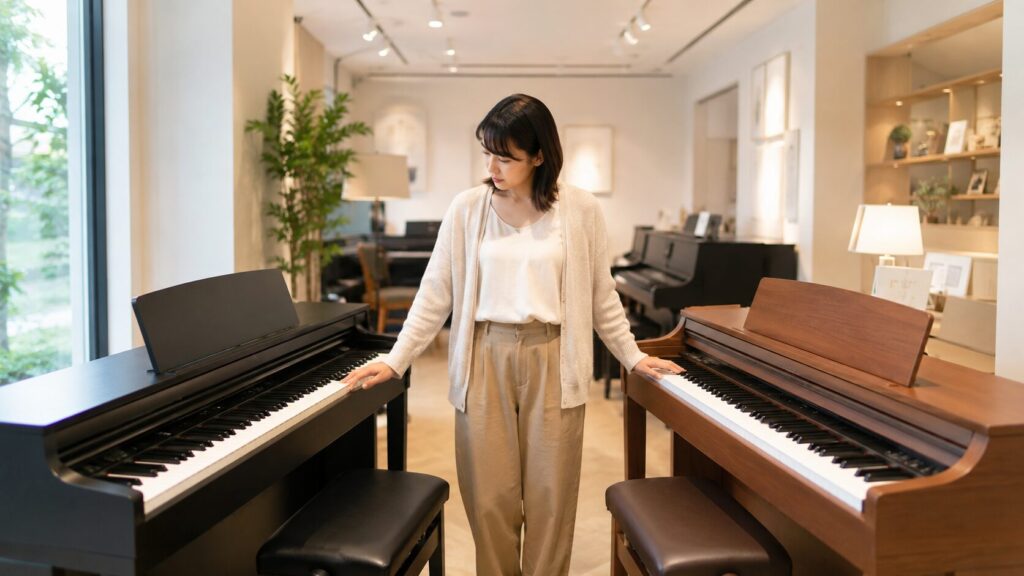 電子ピアノ売り場で黒と木目調の電子ピアノを比較する日本人女性