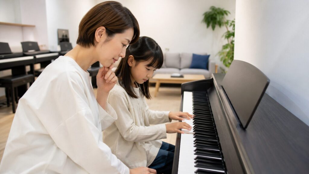 自宅練習用の電子ピアノを親子で確認する日本人の母親と子ども