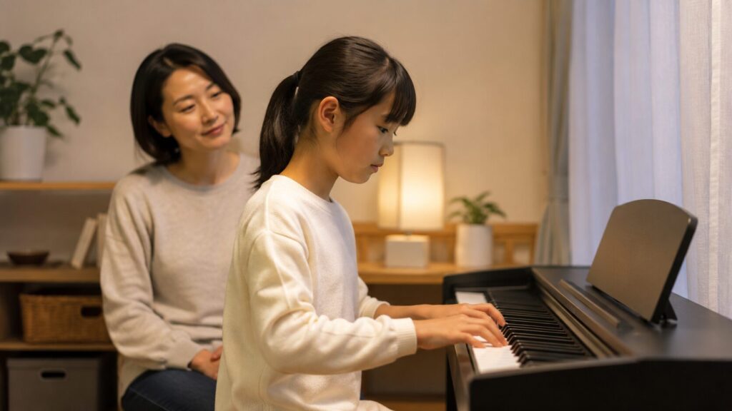 電子ピアノを練習する日本人の子どもを見守る母親