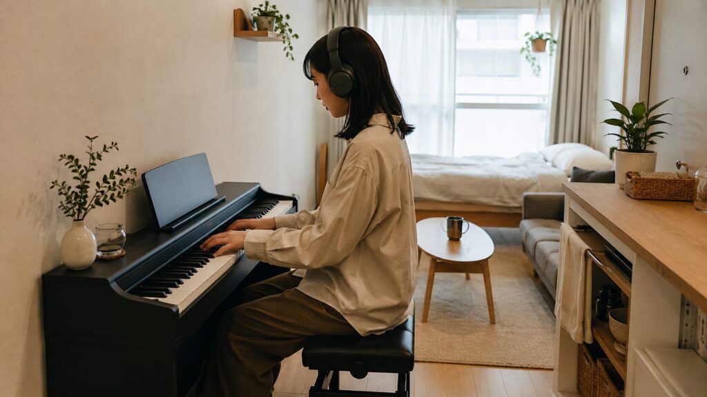 一人暮らしのワンルームでヘッドホンを使い電子ピアノを弾く日本人女性
