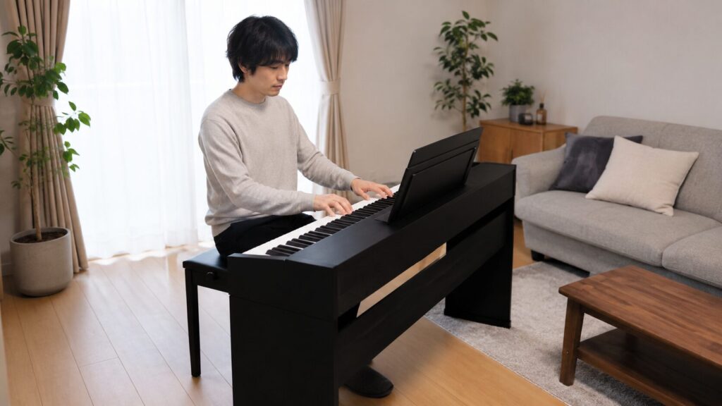 自宅のリビングで日本人男性が電子ピアノを練習するピアノ独学初心者のイメージ