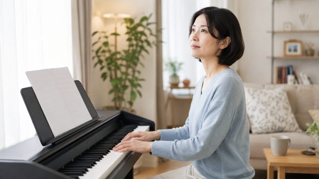 40歳からピアノを始める日本人女性が自宅の電子ピアノで練習する様子