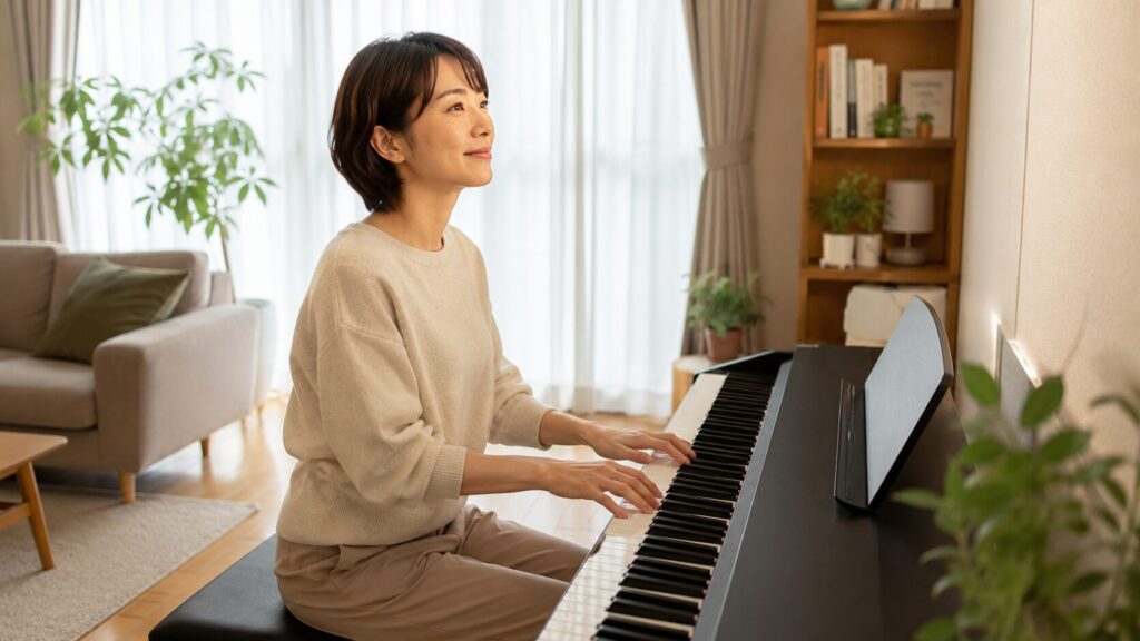 30歳からピアノを始める日本人女性が自宅で電子ピアノを弾く様子