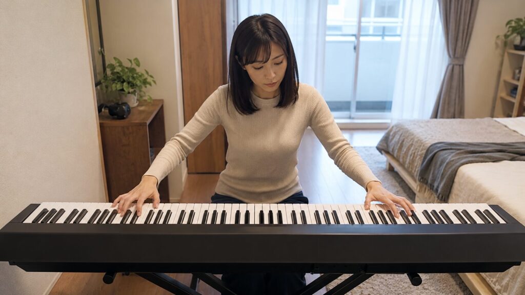 一人暮らしの部屋で88鍵盤の電子ピアノを練習する女性