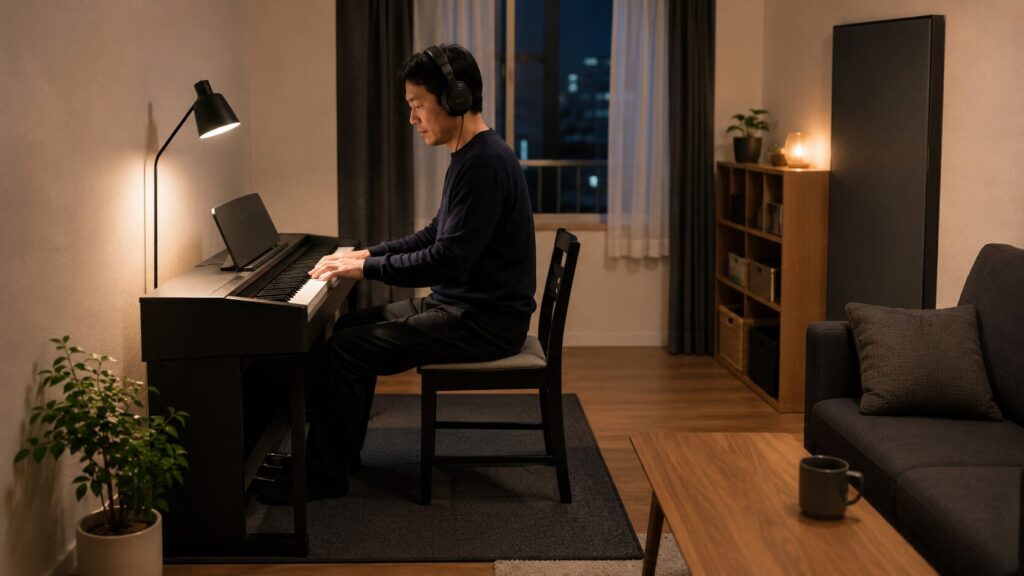 日本人男性が夜の自宅でヘッドホンを使い電子ピアノを静かに練習する様子