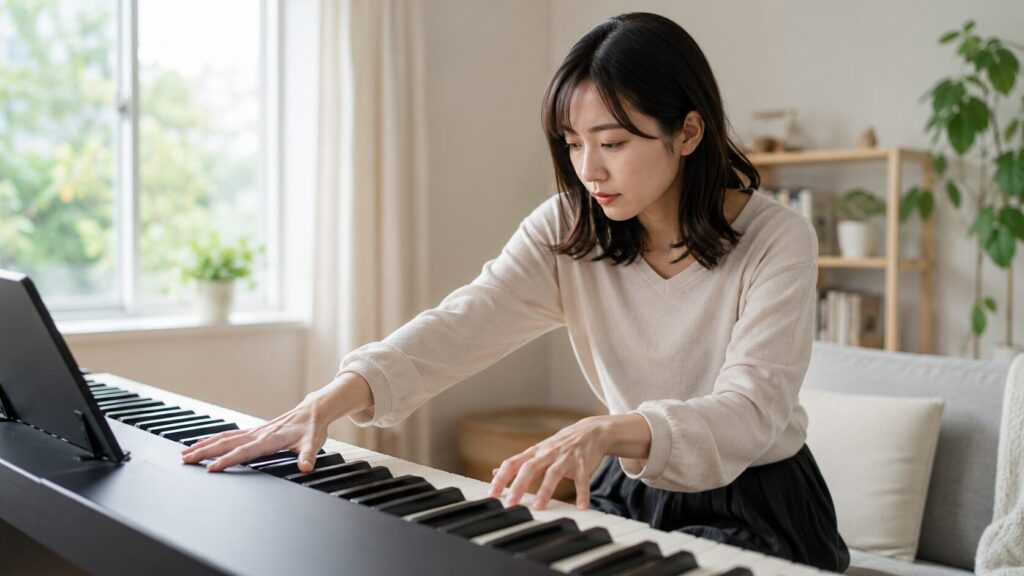 手の大きさが小さい人が電子ピアノで無理なく鍵盤に手を伸ばす様子