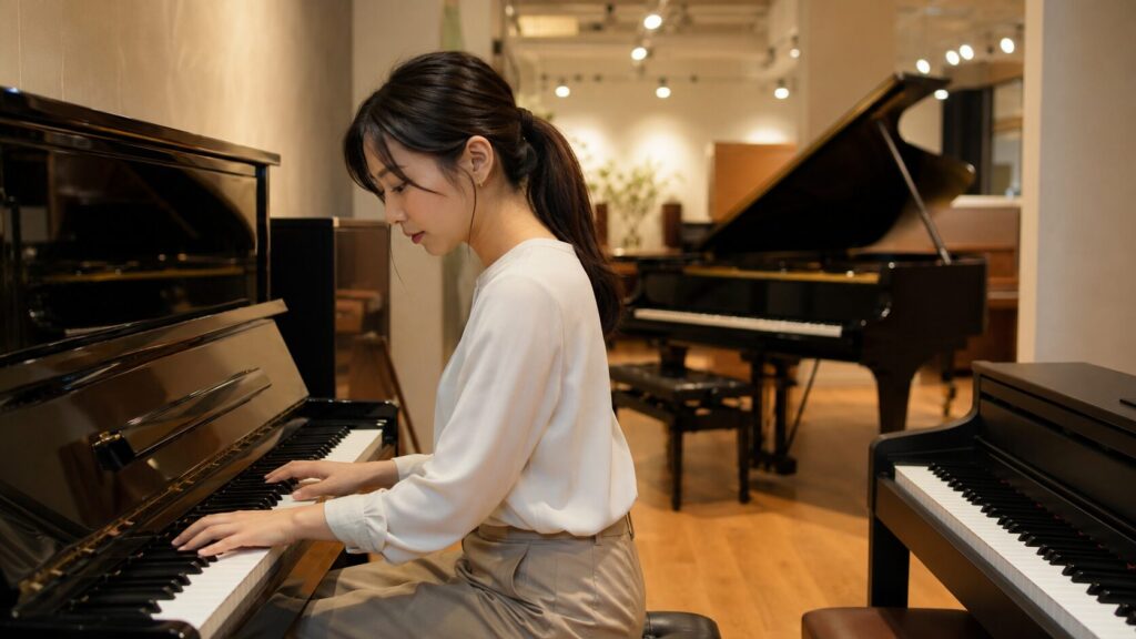 アップライトピアノの音色と鍵盤タッチを試す日本人女性