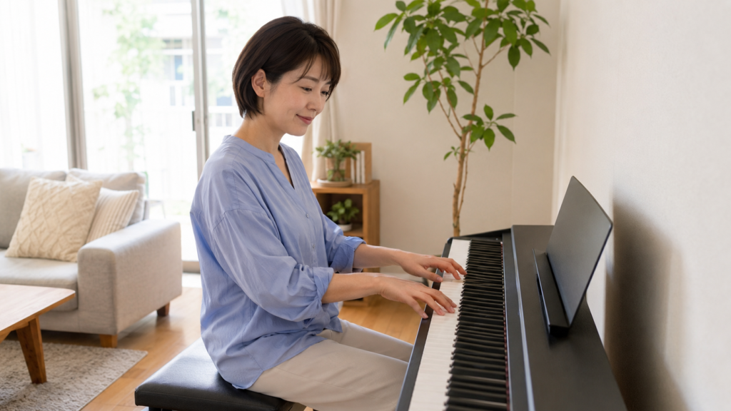 大人の趣味として自宅で電子ピアノを楽しむ日本人女性