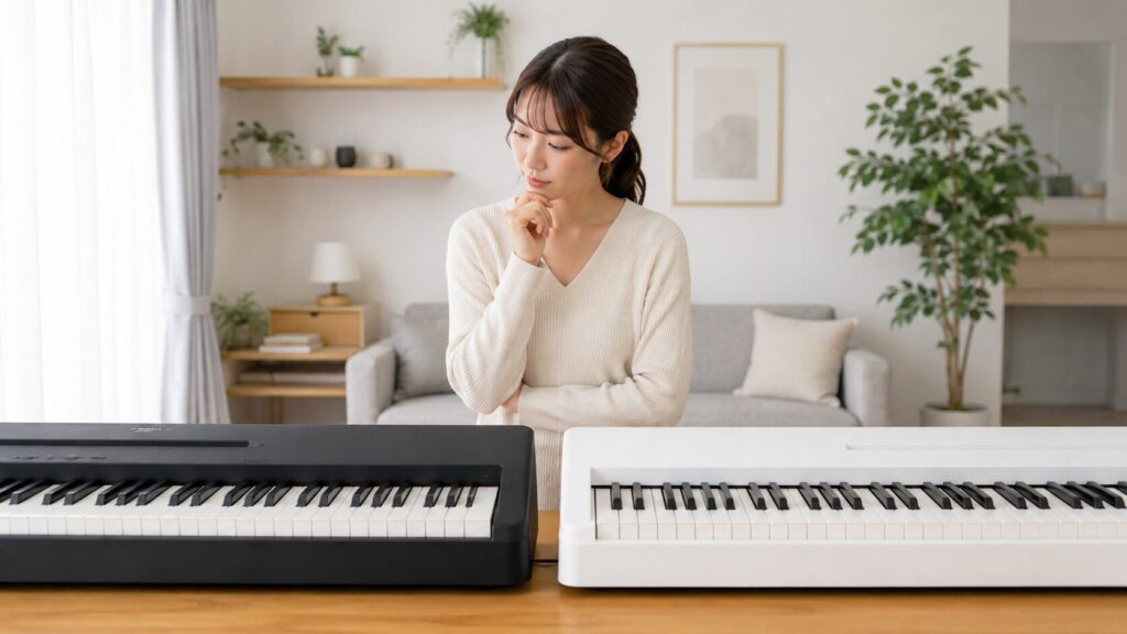カシオとヤマハの電子ピアノを比較検討する日本人女性