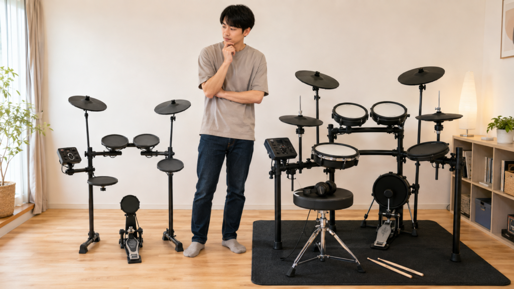 安い電子ドラムと入門モデルを比較する初心者の男性