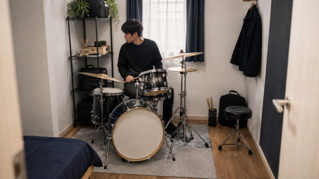 自宅の小さな部屋にドラムセットを設置する日本人ドラマー