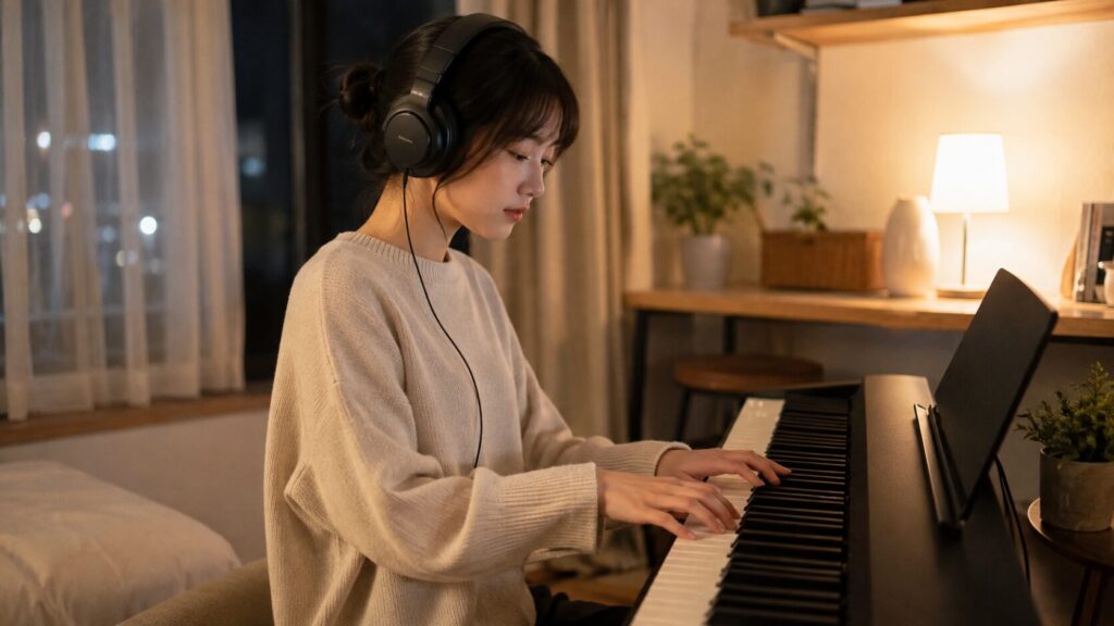 夜にヘッドホンを着けて電子ピアノを練習する日本人女性