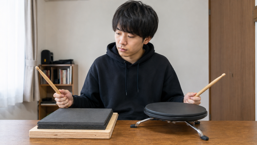 100均自作パッドと市販ドラム練習パッドの打感を比較する様子
