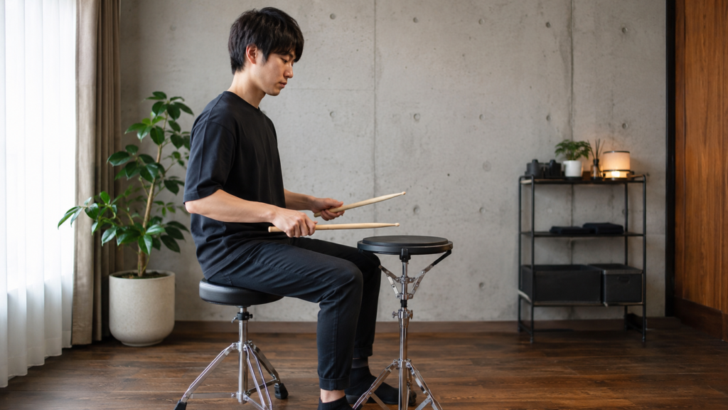 正しい姿勢と椅子の高さで練習パッドを叩くドラム初心者