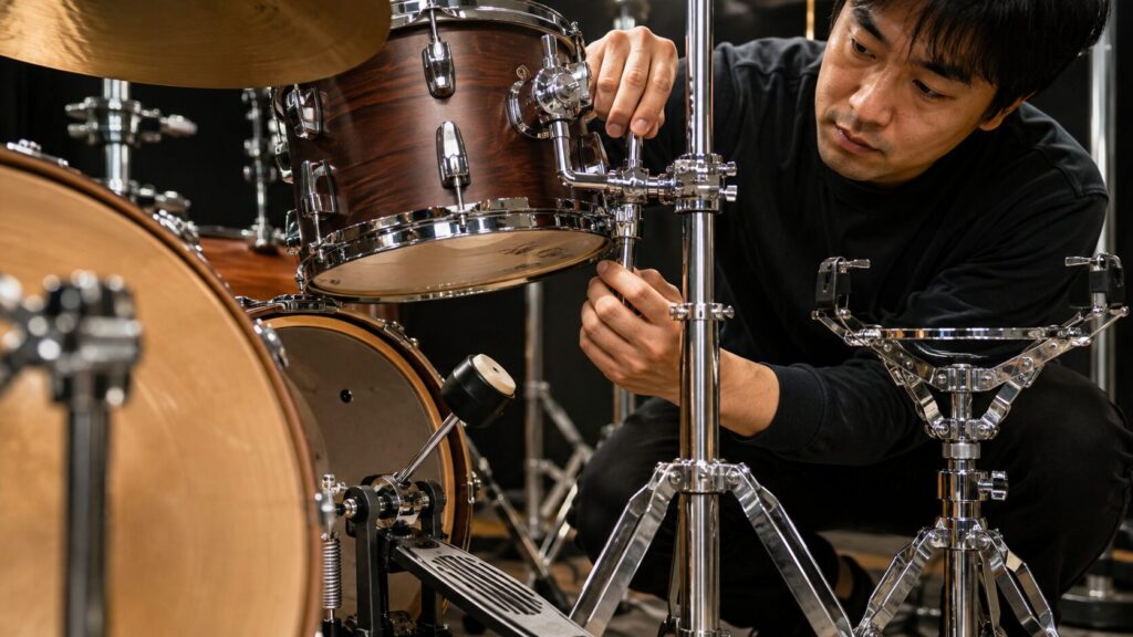 ドラムのタムホルダーやペダルなどのハードウェアを確認する日本人男性