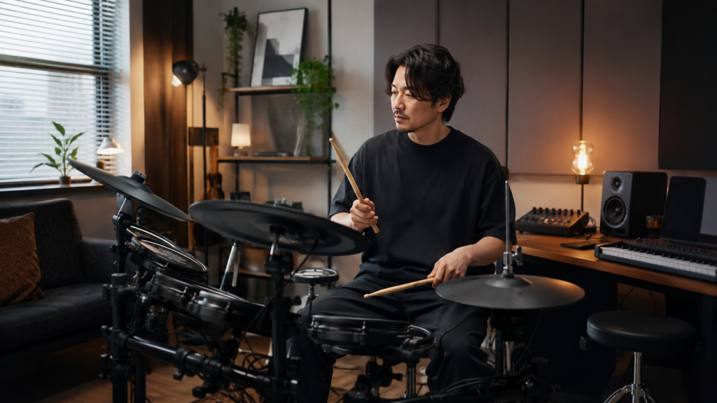 自宅のホームスタジオで電子ドラムを練習する日本人男性