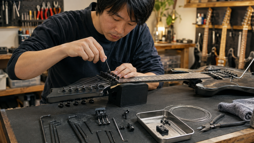 六角レンチでフロイドローズのロックナットを調整する様子