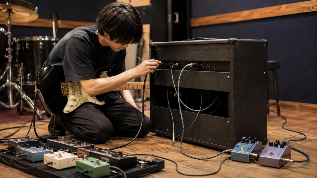 ギターアンプのセンドリターンに空間系エフェクターを接続する日本人ギタリスト