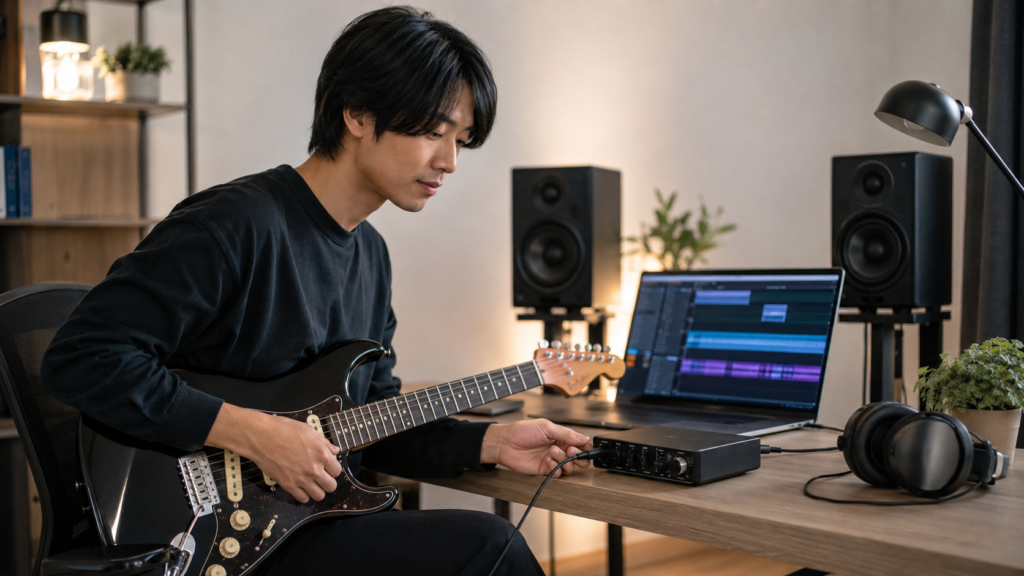 ギターをオーディオインターフェースに接続して宅録するギタリスト