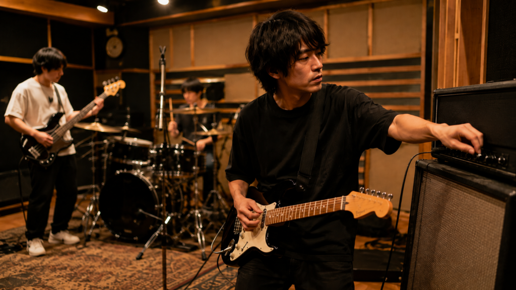 バンド練習でギターアンプを調整して抜ける音を作るギタリスト