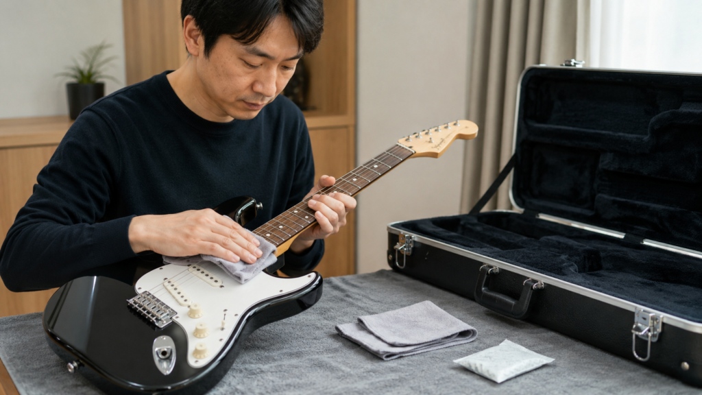 長期保管前にクロスでエレキギターの汗や汚れを拭き取るメンテナンスの様子