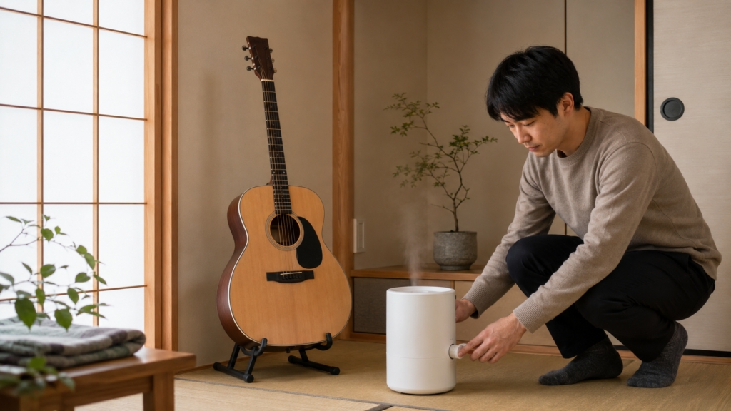冬の乾燥対策として加湿器で湿度を管理しながらアコースティックギターを保管する様子