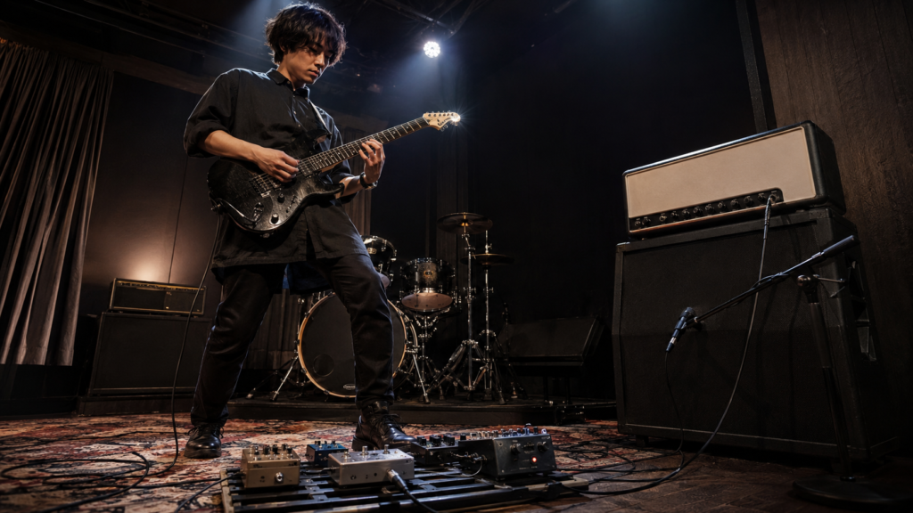 ライブでギターアンプとプリアンプ系ペダルを使用するギタリスト