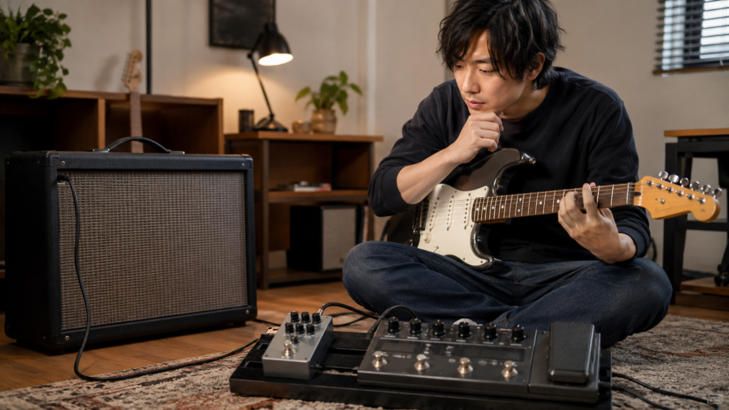 ギターアンプとエフェクターを見ながらプリアンプの必要性を考えるギタリスト