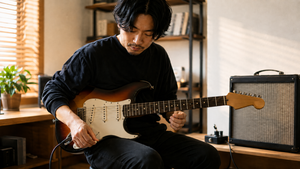 ギター本体のボリュームやトーンを調整して音作りするギタリスト
