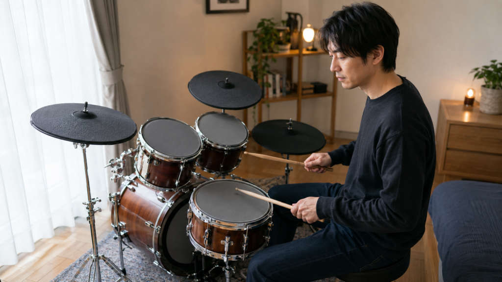 ドラムミュートを装着したセットで自宅練習する日本人ドラマー