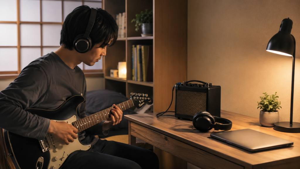 自宅で小型ギターアンプとヘッドホンを使って練習するギタリスト