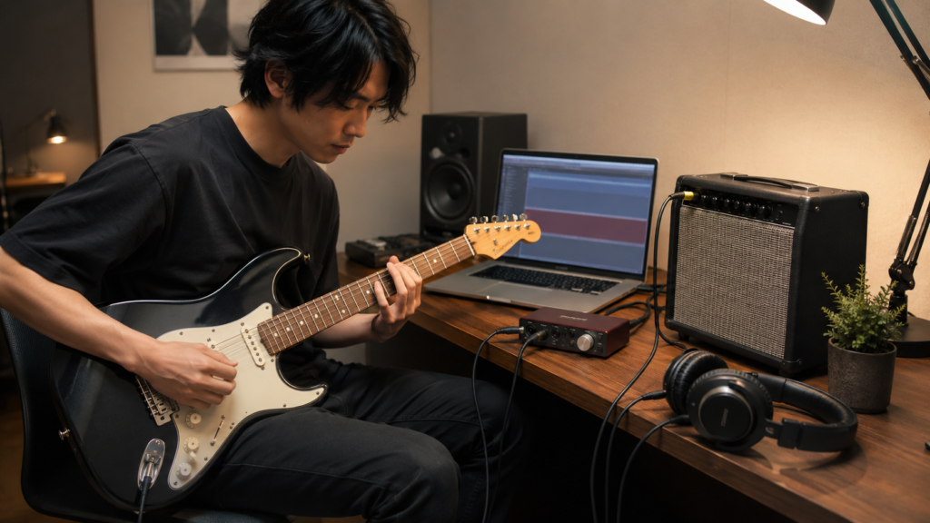 自宅でギターアンプとオーディオインターフェースを使って宅録するギタリスト