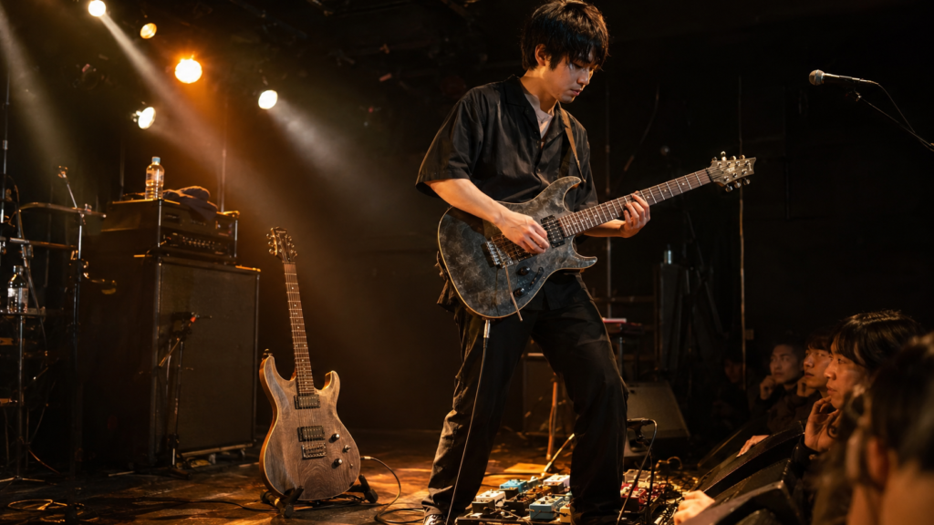 ライブで演奏するギタリストとステージに用意された2本目のサブギター