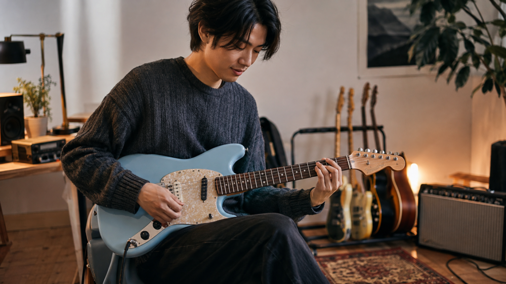 ショートスケールのムスタングギターを演奏する日本人ギタリスト