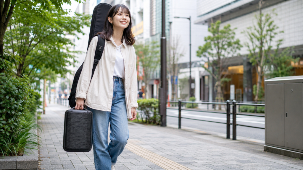 路上ライブ用の軽量スピーカーとギターを持ち運ぶ女性
