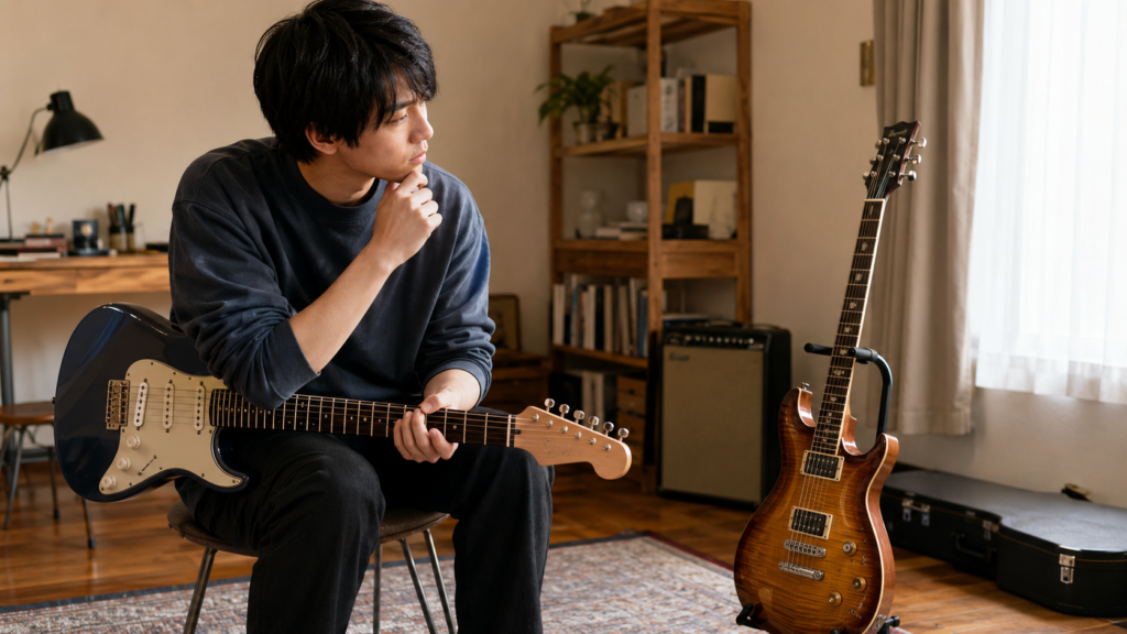 2本目のギターを検討しながら異なるエレキギターを比較する男性