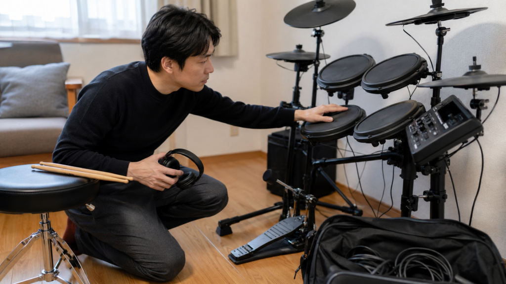 中古電子ドラムのパッドやケーブルを確認する男性