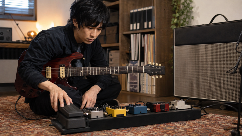 ワウと歪み系エフェクターの接続順を調整する日本人ギタリスト