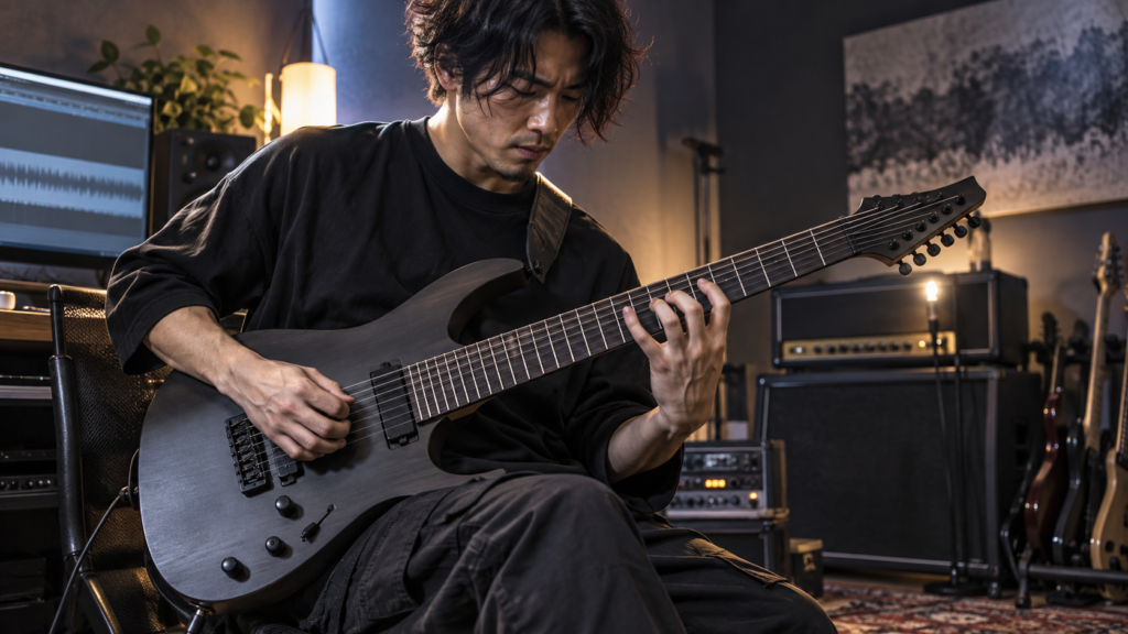 音楽スタジオで7弦ギターの低音リフを演奏する日本人ギタリスト