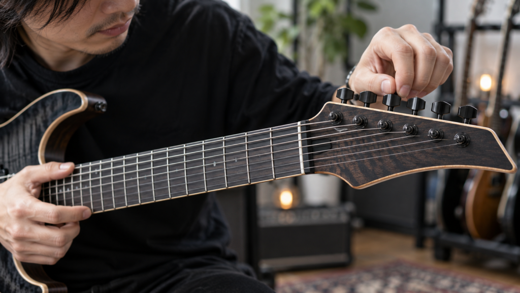 7弦ギターのペグを調整してチューニングする日本人ギタリスト