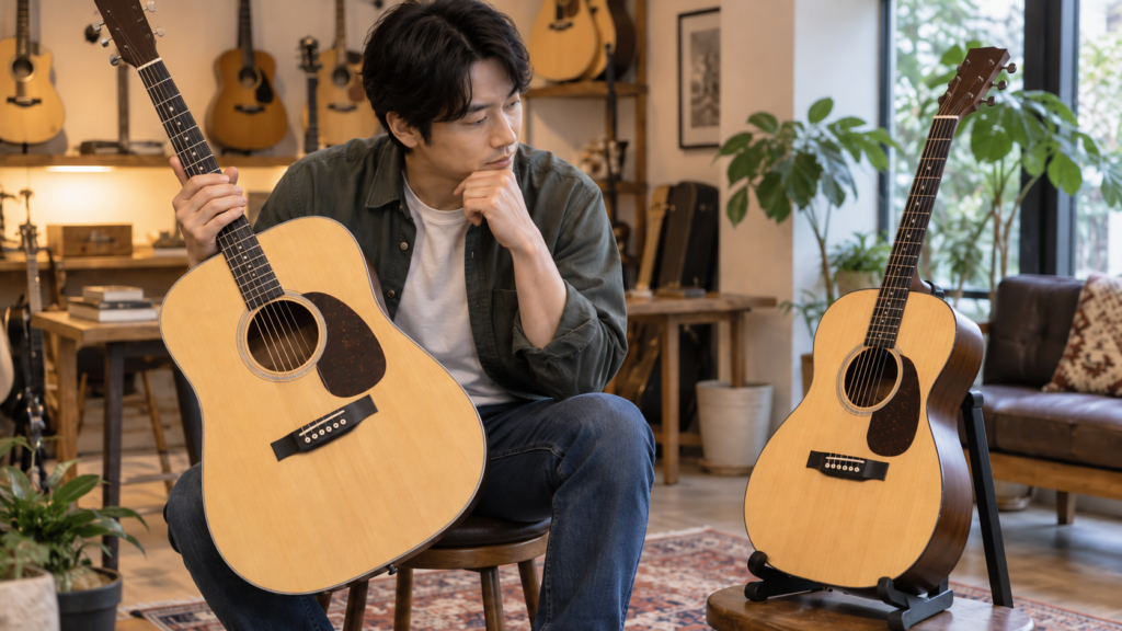 大きさの異なるアコースティックギターを比較する日本人男性